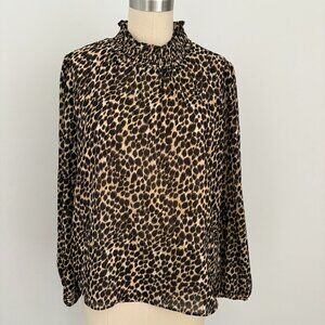 J.Crew Women's Leopard Print Mock Neck Cinched Elastic Neckline Lined Blouse S